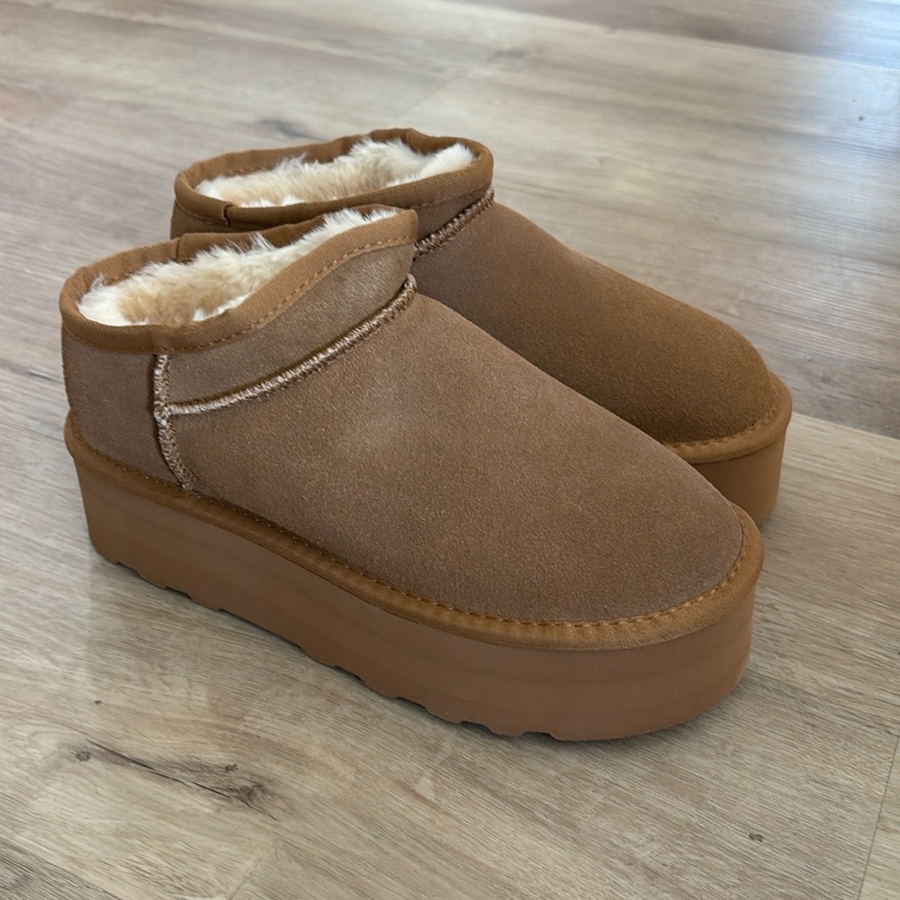 Amazon Women's Chestnut Suede Faux Fur Platform Ankle Booties